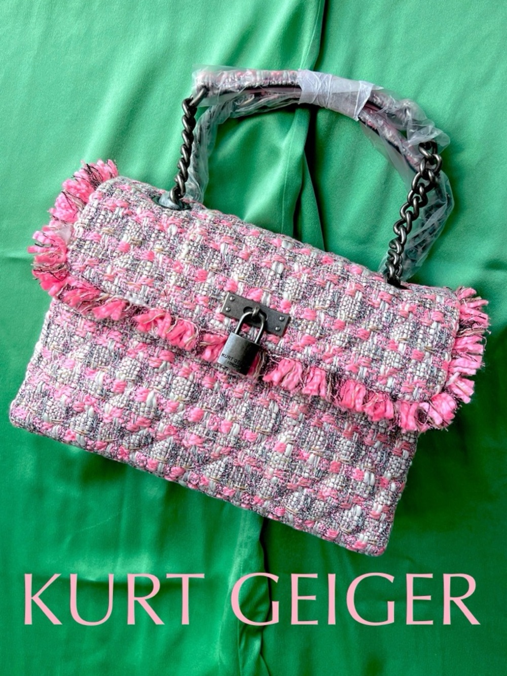 KURT GEIGER Brixton Lock Tweed CONVERTIBLE shoulder crossbody chain bag  PINK